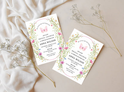 Modèle d'invitation pour une fête prénuptiale sur le thème des fleurs sauvages, motif papillon floral (téléchargement numérique)