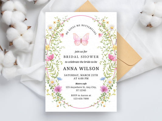 Wildflower Bridal Shower Invitation Template, Floral Butterfly Design (Digital Download)