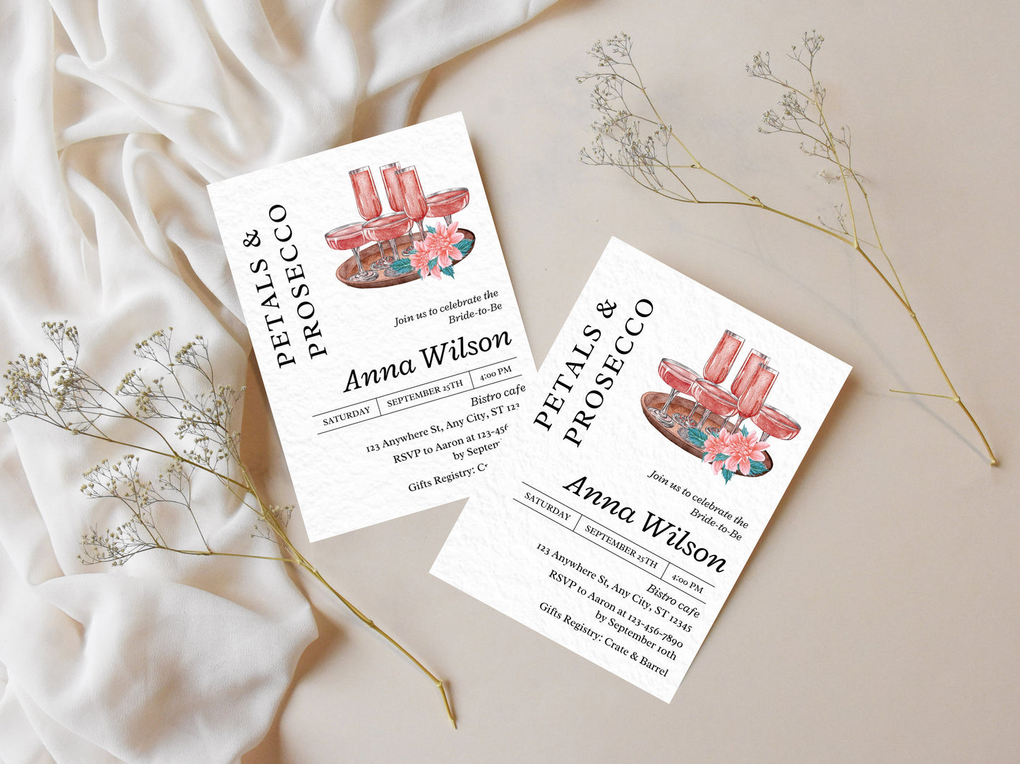 Petals & Prosecco Bridal Shower Invitation, Floral Spring Theme (Editable Template)