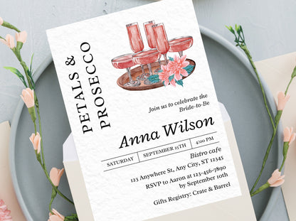 Petals & Prosecco Bridal Shower Invitation, Floral Spring Theme (Editable Template)
