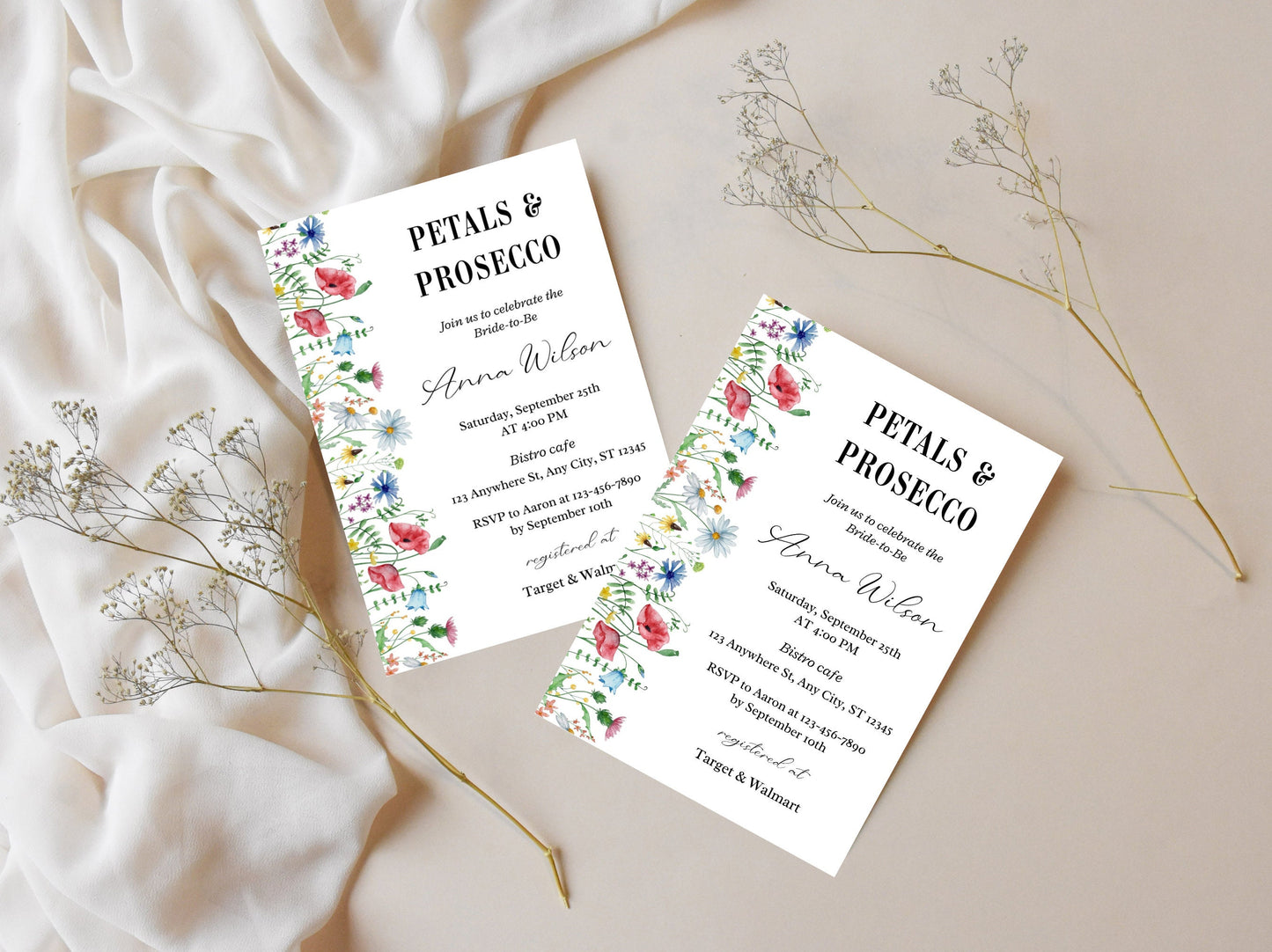 Einladung zur Brautparty mit Blumenmuster, Thema Blütenblätter &amp; Prosecco (Bearbeitbare Vorlage)