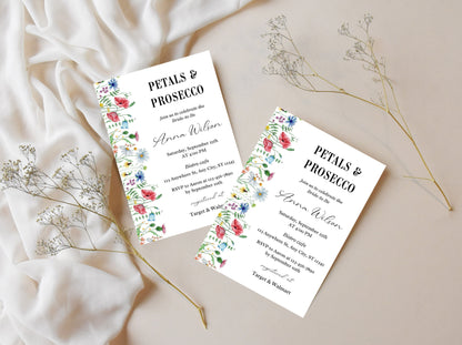 Einladung zur Brautparty mit Blumenmuster, Thema Blütenblätter &amp; Prosecco (Bearbeitbare Vorlage)
