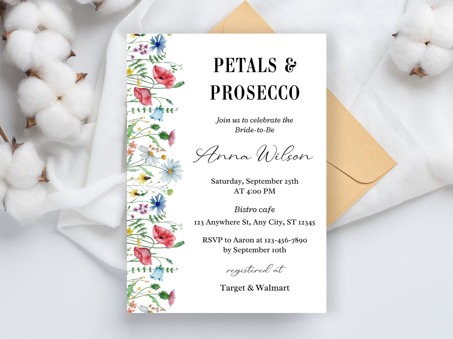 Einladung zur Brautparty mit Blumenmuster, Thema Blütenblätter &amp; Prosecco (Bearbeitbare Vorlage)
