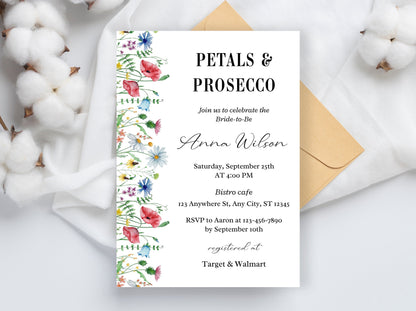 Einladung zur Brautparty mit Blumenmuster, Thema Blütenblätter &amp; Prosecco (Bearbeitbare Vorlage)