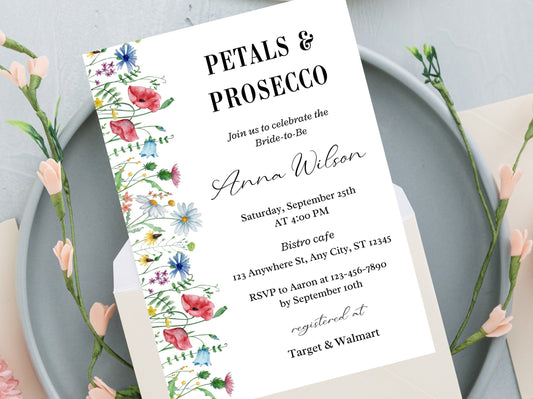 Floral Bridal Shower Invitation, Petals & Prosecco Theme (Editable Template)
