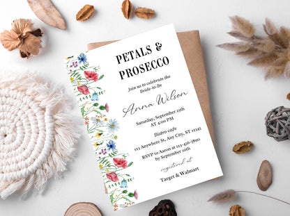 Einladung zur Brautparty mit Blumenmuster, Thema Blütenblätter &amp; Prosecco (Bearbeitbare Vorlage)