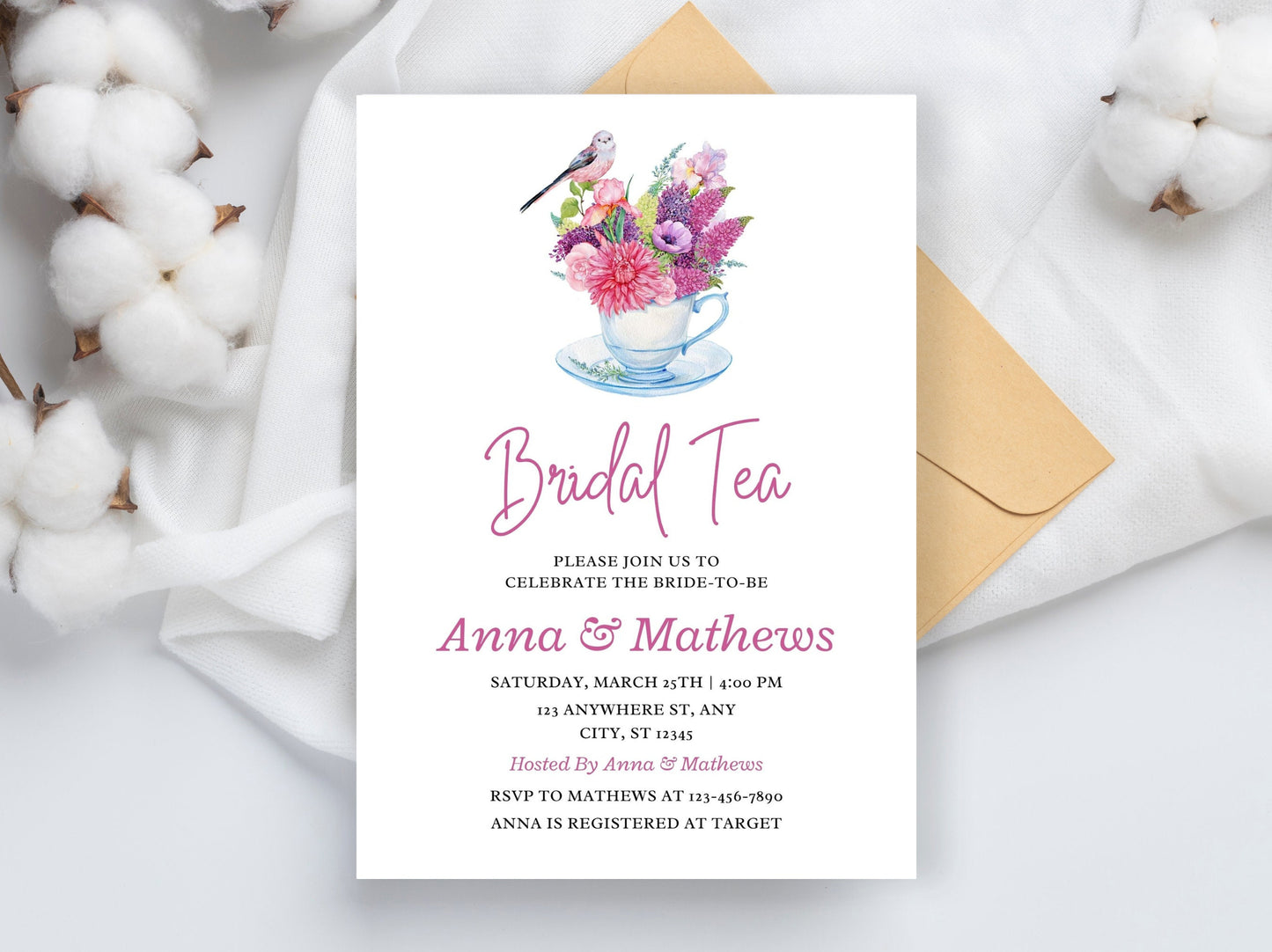 Floral Bridal Tea Invitation Template, Editable Canva Invite (5x7)