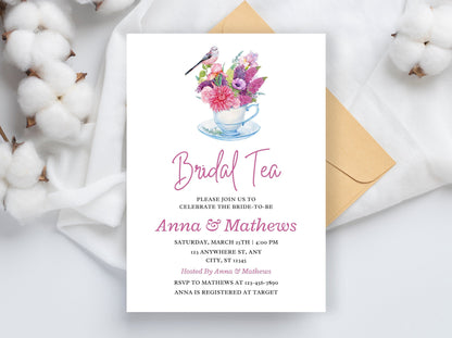 Floral Bridal Tea Invitation Template, Editable Canva Invite (5x7)