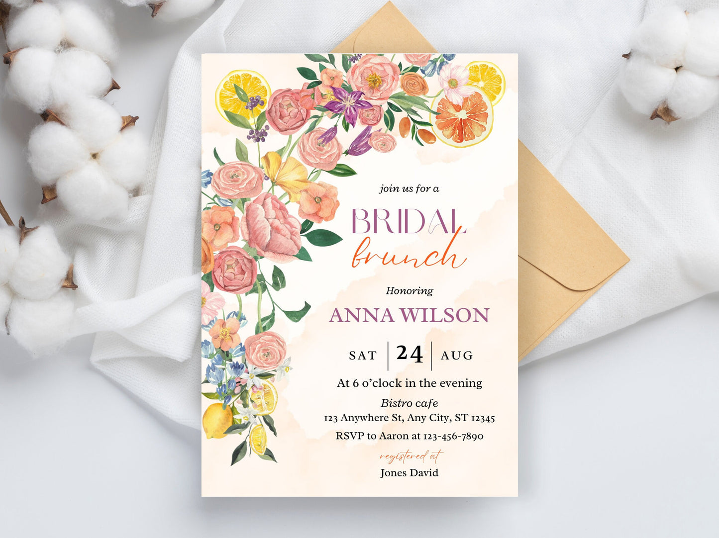 Citrus Bridal Brunch Invitation Template, Lemon Theme (Editable PDF)