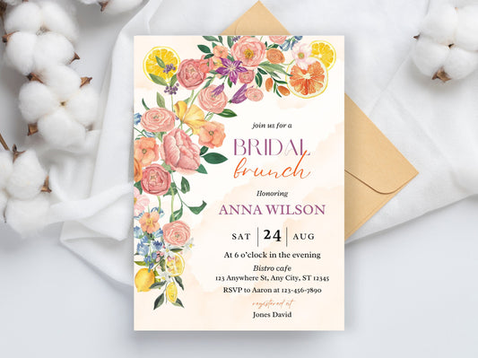 Citrus Bridal Brunch Invitation Template, Lemon Theme (Editable PDF)