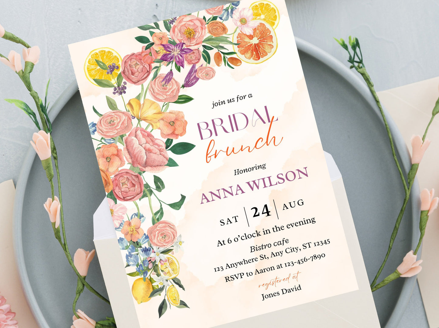Citrus Bridal Brunch Invitation Template, Lemon Theme (Editable PDF)