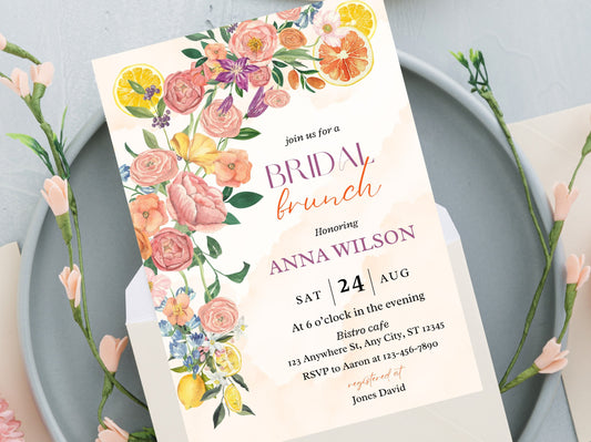 Citrus Bridal Brunch Invitation Template, Lemon Theme (Editable PDF)