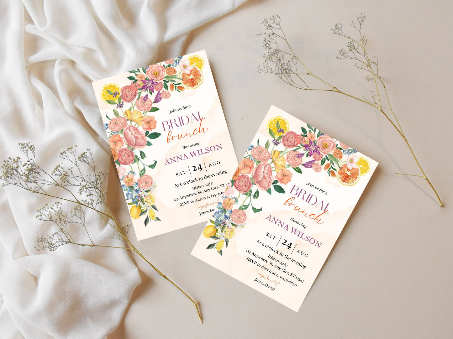 Citrus Bridal Brunch Invitation Template, Lemon Theme (Editable PDF)