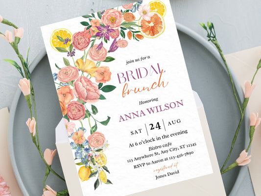 Citrus Floral Bridal Brunch Invitation, Lemon Theme (Editable Template)
