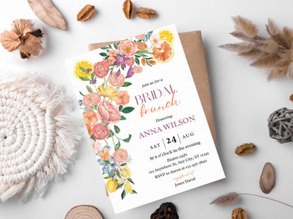 Invitation pour un brunch nuptial floral aux agrumes, thème citron (modèle modifiable)