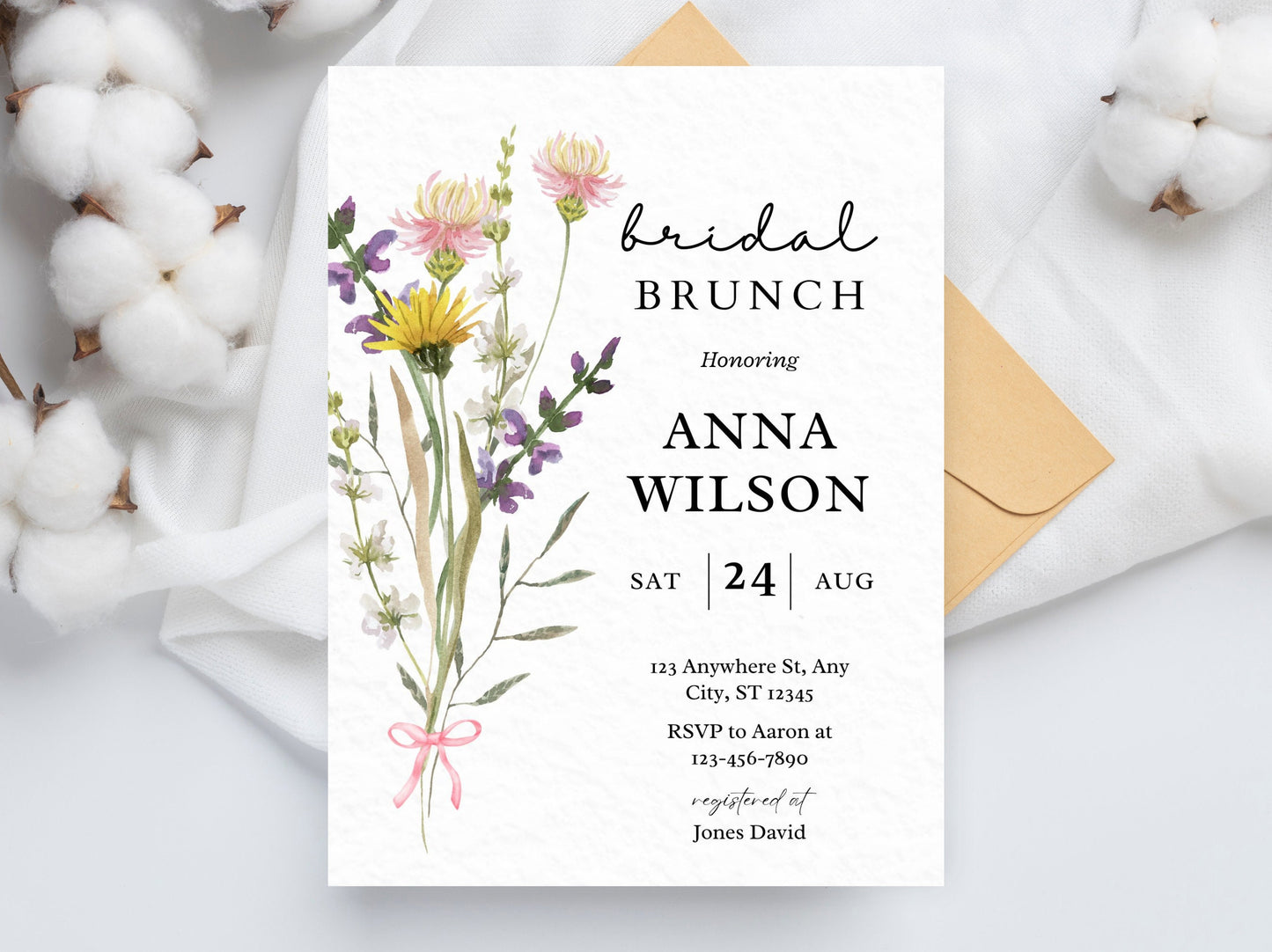 Wildflower Bridal Brunch Invitation Template, Editable Party Invite (PDF)