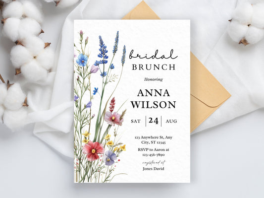 Wildflower Bridal Brunch Invitation Template, Editable Spring Floral (Digital Download)