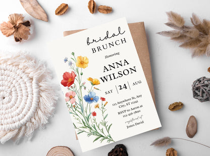 Wildflower Bridal Brunch Invitation Template, Boho Floral Party (Editable, 5x7, PDF)