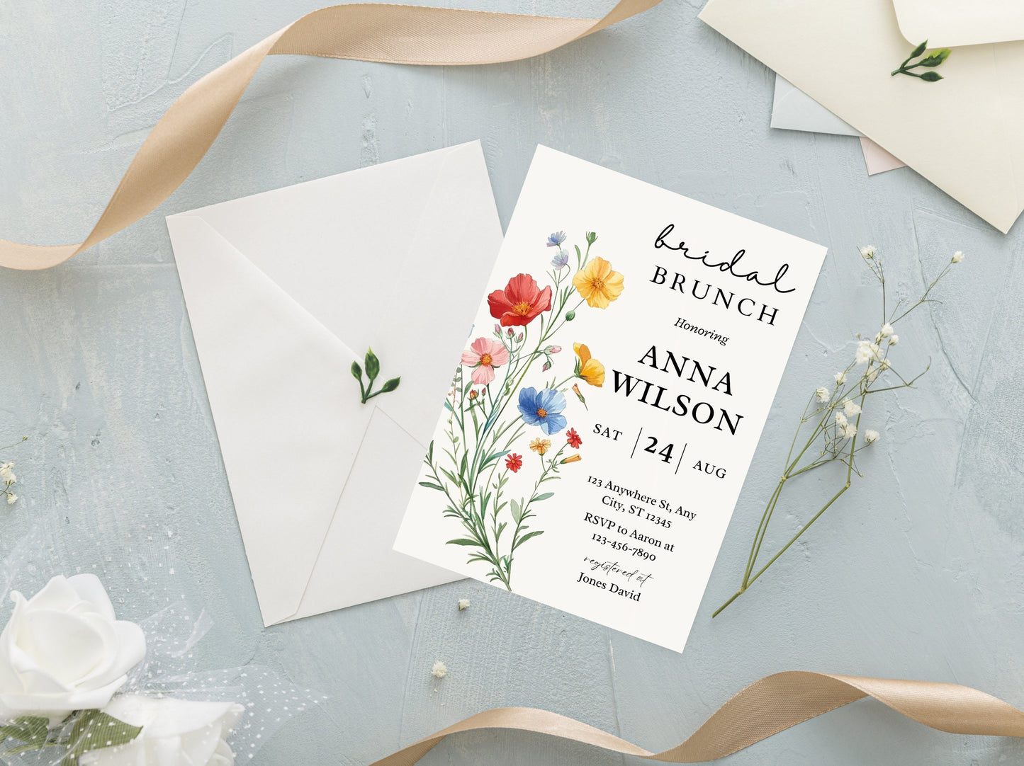 Wildflower Bridal Brunch Invitation Template, Boho Floral Party (Editable, 5x7, PDF)