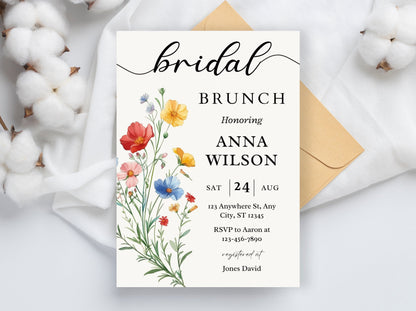 Wildflower Bridal Brunch Invitation Template, Boho Spring Floral (Editable, 5x7, PDF)