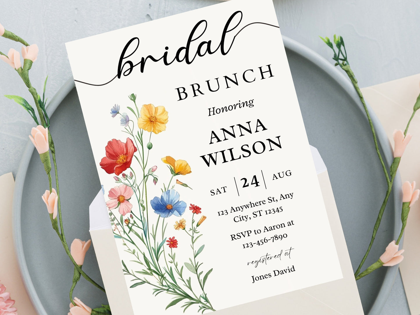 Wildflower Bridal Brunch Invitation Template, Boho Spring Floral (Editable, 5x7, PDF)