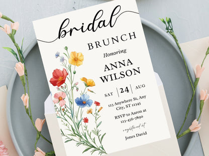 Wildflower Bridal Brunch Invitation Template, Boho Spring Floral (Editable, 5x7, PDF)