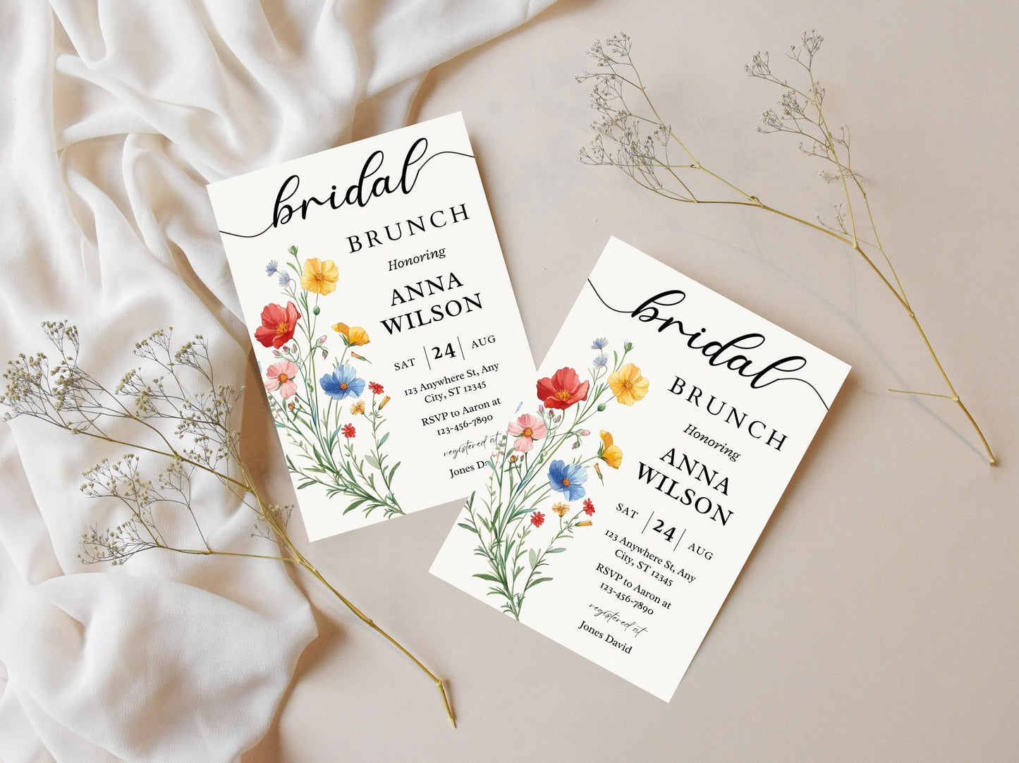 Wildflower Bridal Brunch Invitation Template, Boho Spring Floral (Editable, 5x7, PDF)