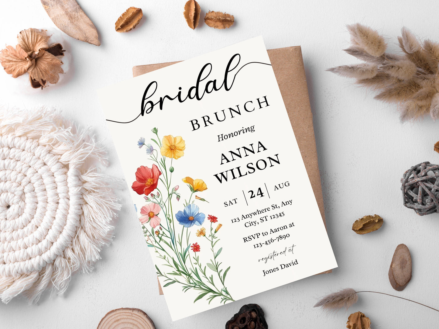Wildflower Bridal Brunch Invitation Template, Boho Spring Floral (Editable, 5x7, PDF)