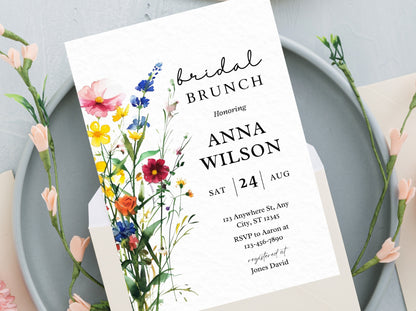 Wildflower Bridal Brunch Invitation Template, Boho Floral (Digital Download)
