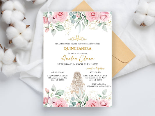 Blush Pink Floral Quinceanera Invitation, Editable Mis Quince Anos Invite (Digital Download)