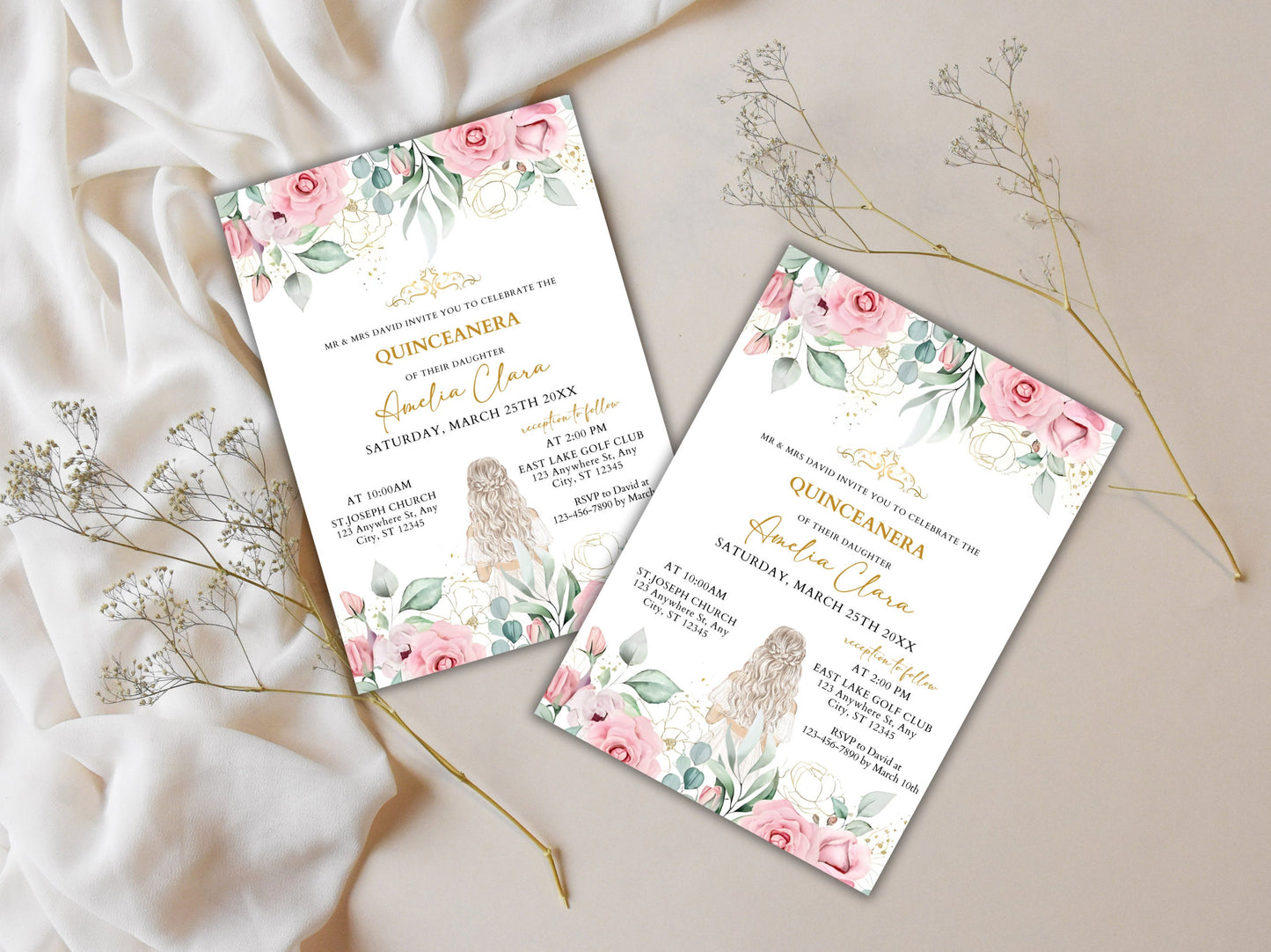 Blush Pink Floral Quinceanera Invitation, Editable Mis Quince Anos Invite (Digital Download)
