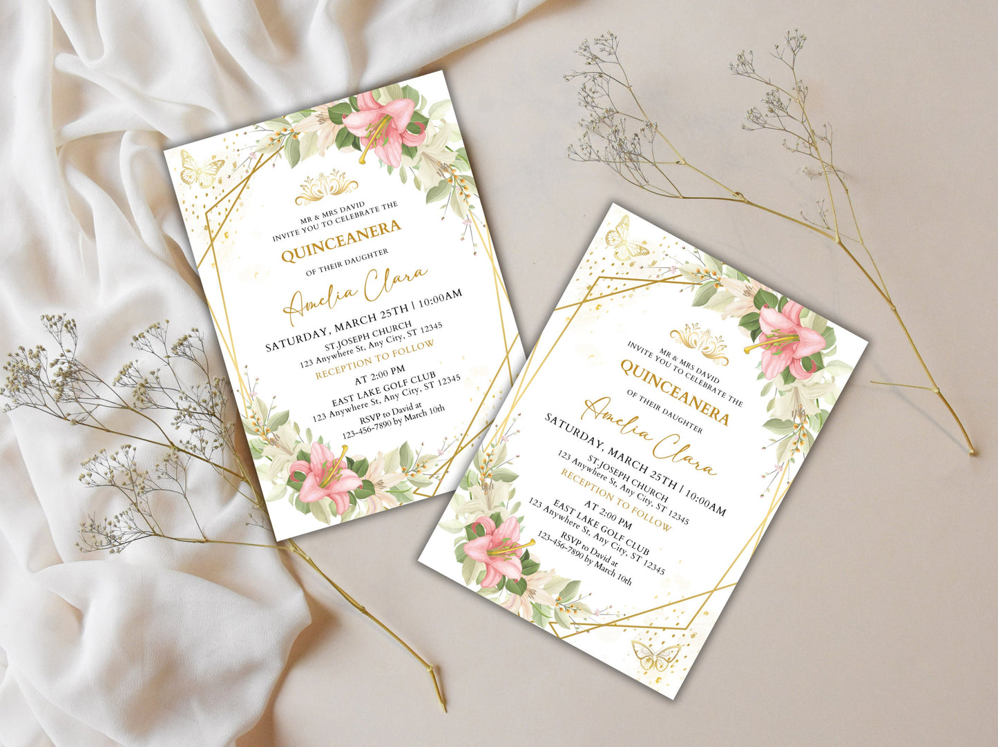 Blush Pink Floral Quinceanera Invitation, Gold Details (Instant Download)