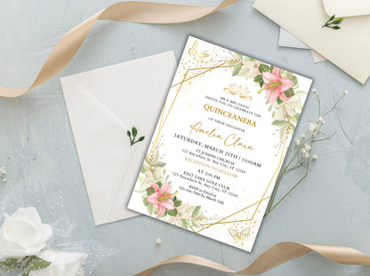 Blush Pink Floral Quinceanera Invitation, Gold Details (Instant Download)