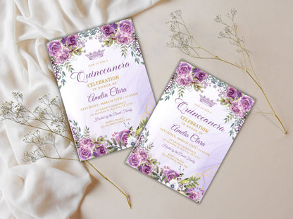 Purple Gold Floral Quinceanera Invitation Template (Digital Download)