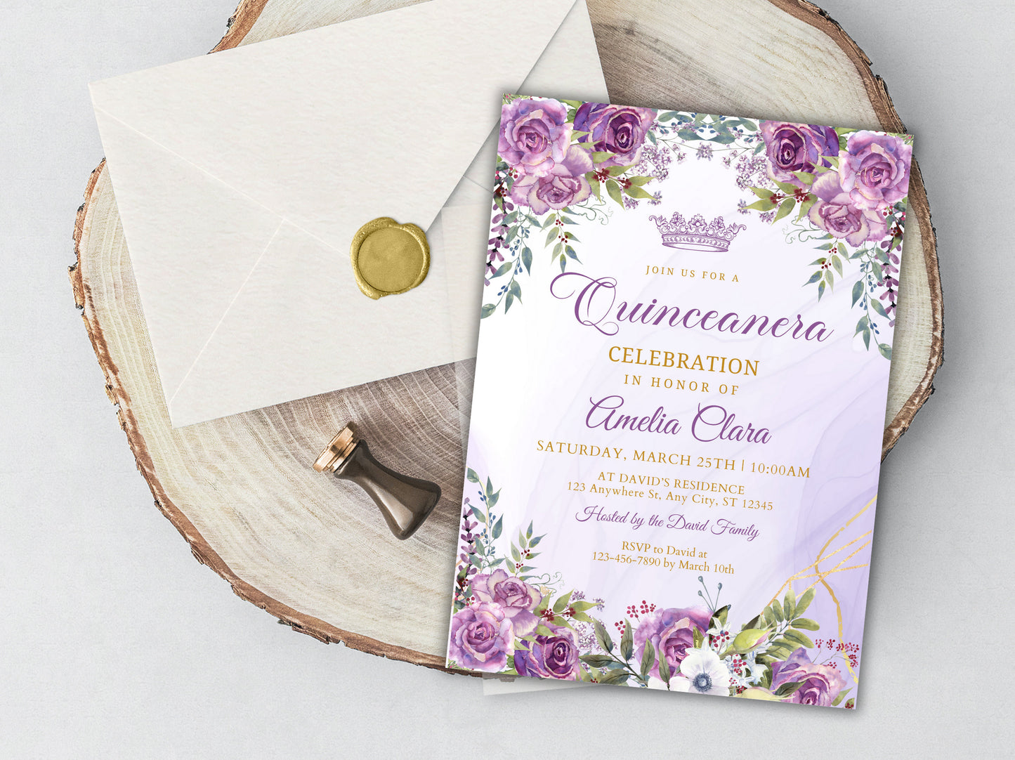 Purple Gold Floral Quinceanera Invitation Template (Digital Download)