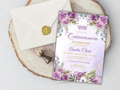 Purple Gold Floral Quinceanera Invitation Template (Digital Download)