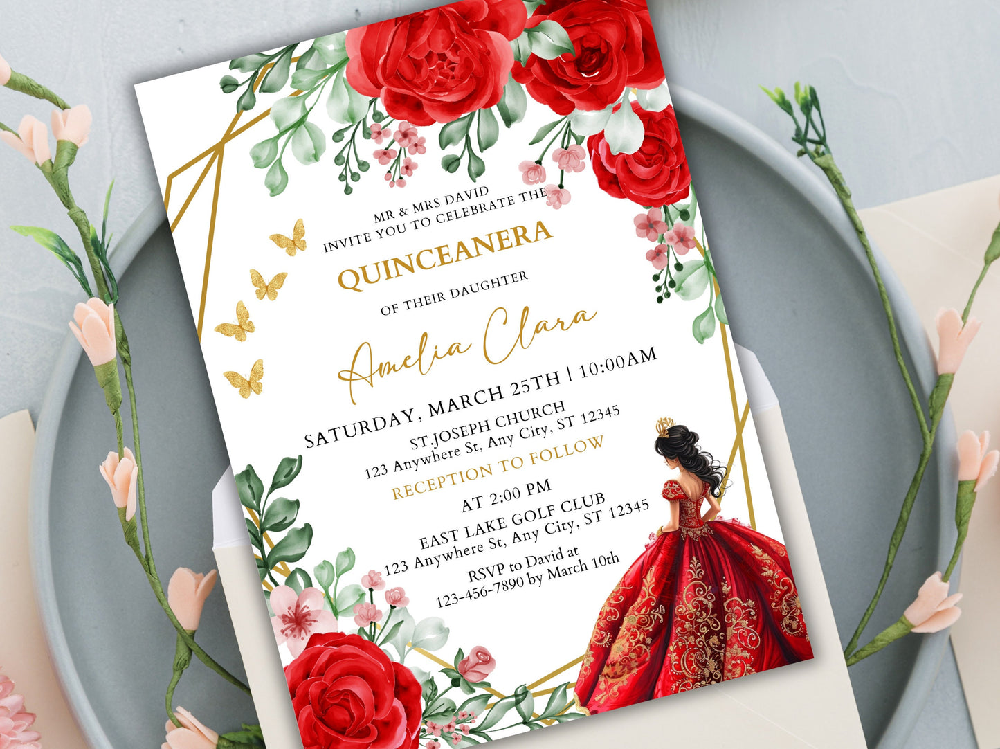 Burgundy Red Rose Quinceañera Invitation, Floral Gold Frame (Instant Download)