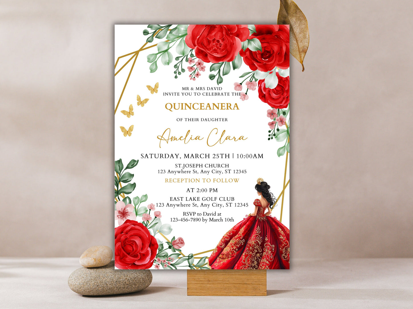 Burgundy Red Rose Quinceañera Invitation, Floral Gold Frame (Instant Download)