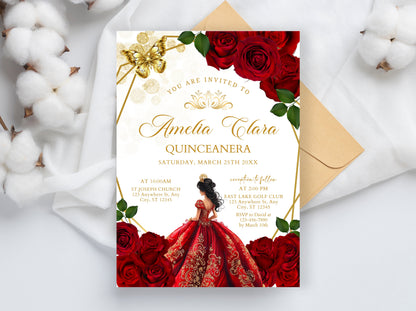Burgundy Red Rose Quinceañera Invitation, Floral Gold Butterfly (Instant Download)