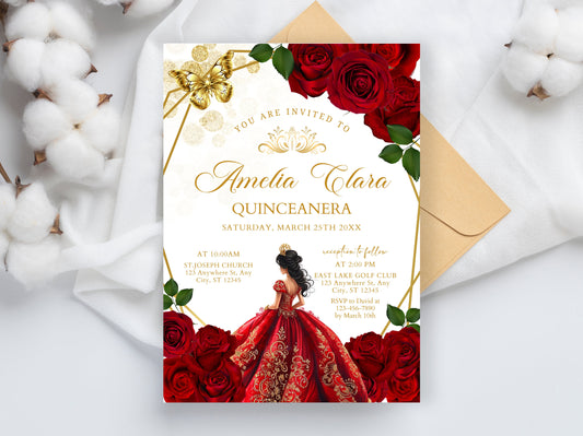 Burgundy Red Rose Quinceañera Invitation, Floral Gold Butterfly (Instant Download)