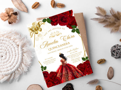 Burgundy Red Rose Quinceañera Invitation, Floral Gold Butterfly (Instant Download)