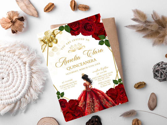 Burgundy Red Rose Quinceañera Invitation, Floral Gold Butterfly (Instant Download)