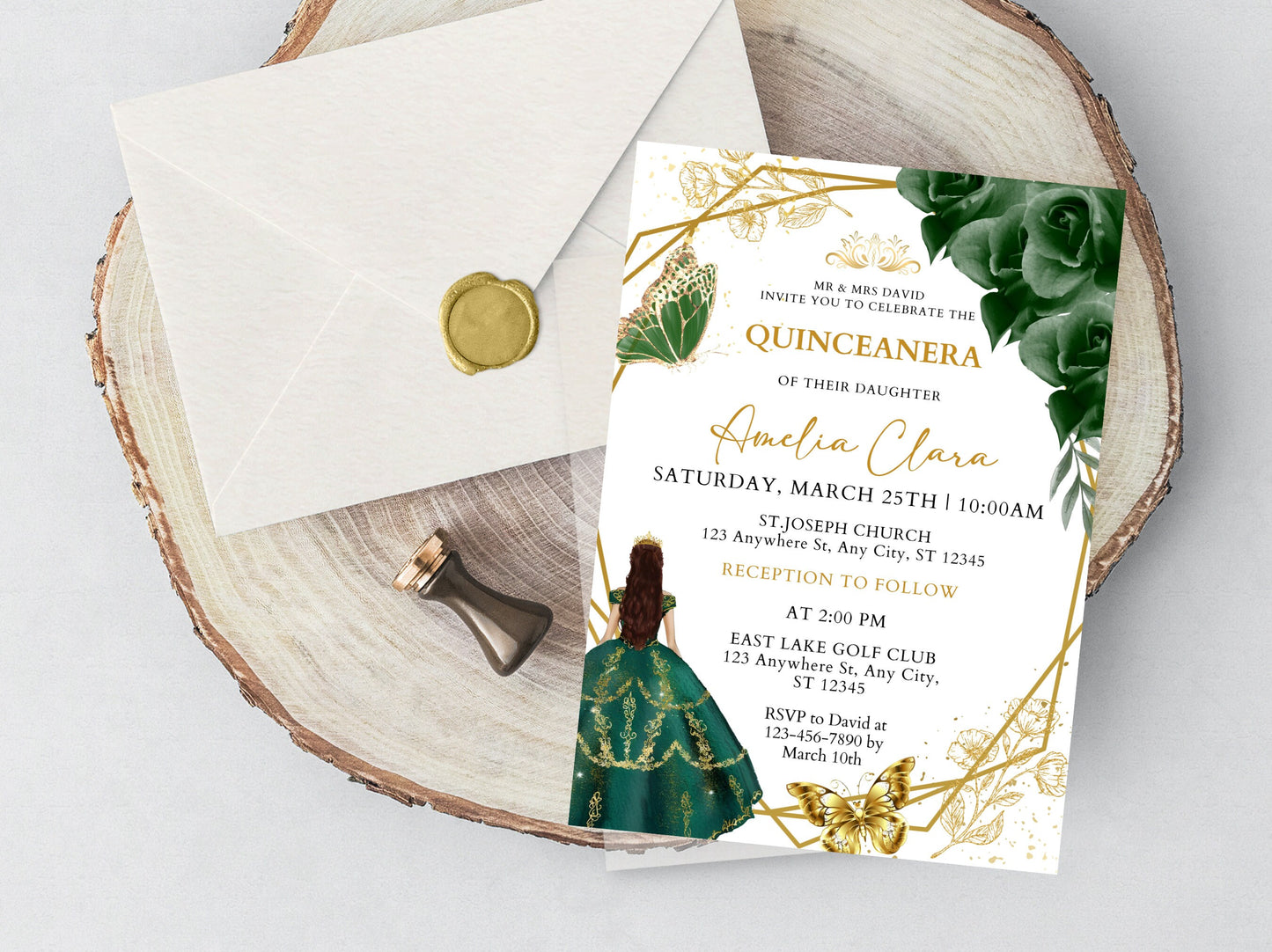 Emerald Green and Gold Quinceanera Invitation Template (Digital Download)