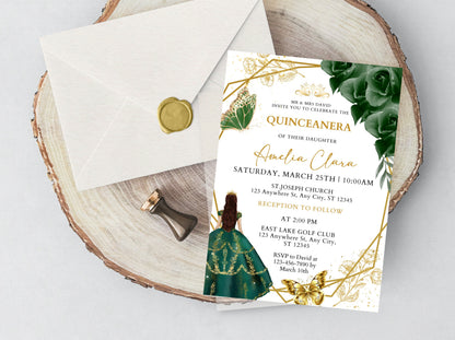 Emerald Green and Gold Quinceanera Invitation Template (Digital Download)