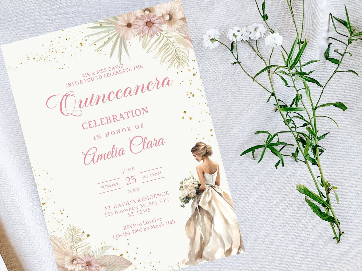 Blush Pink Floral Quinceanera Invitation, Gold Accents (Instant Download)