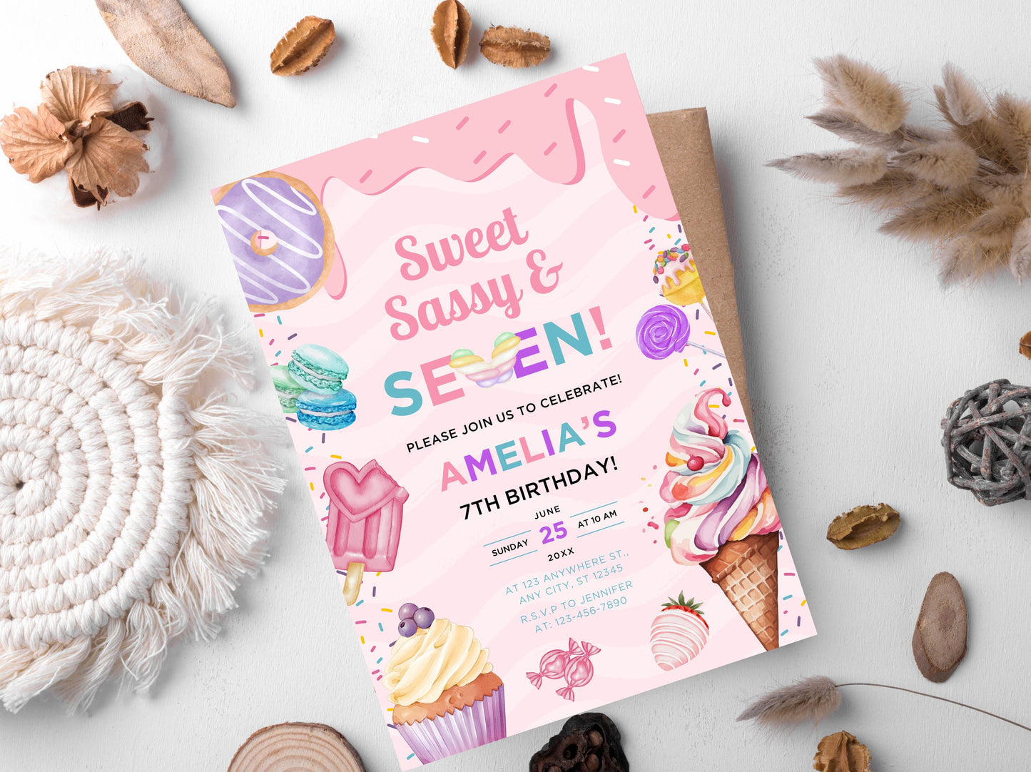 Sweet Sassy Seven Birthday Invitation, Ice Cream Party (Digital Download)