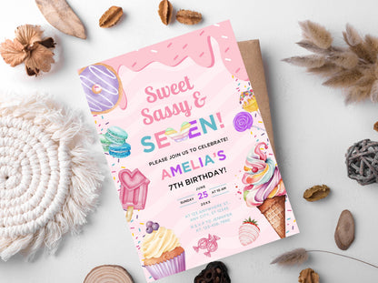 Sweet Sassy Seven Birthday Invitation, Ice Cream Party (Digital Download)