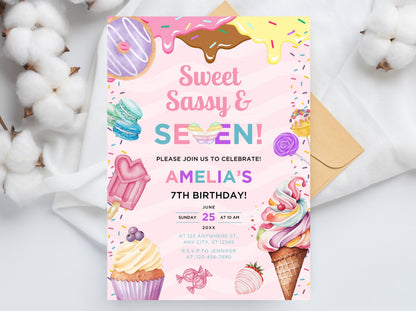 Editable Candy Ice Cream Birthday Invitation, Sweet Sassy Seven (Instant Download)