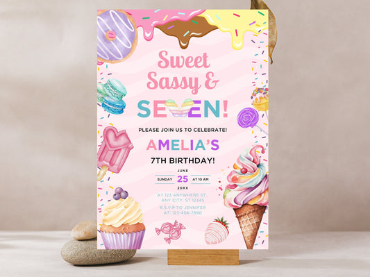 Editable Candy Ice Cream Birthday Invitation, Sweet Sassy Seven (Instant Download)