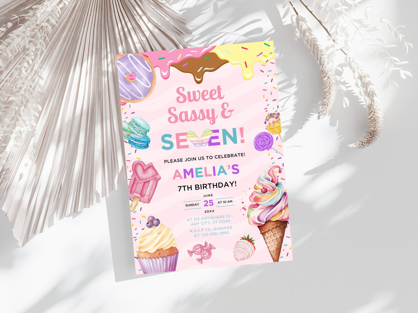 Editable Candy Ice Cream Birthday Invitation, Sweet Sassy Seven (Instant Download)